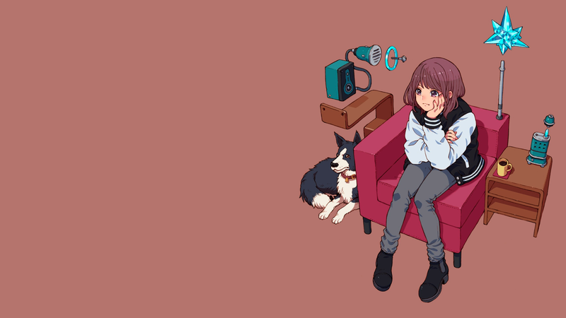 anime, anime girls, schoolgirl, dog, minimalism, simple background, sitting, coffee, short hair