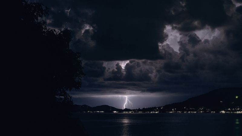 lightning, night, overcast, clouds, river, 4k