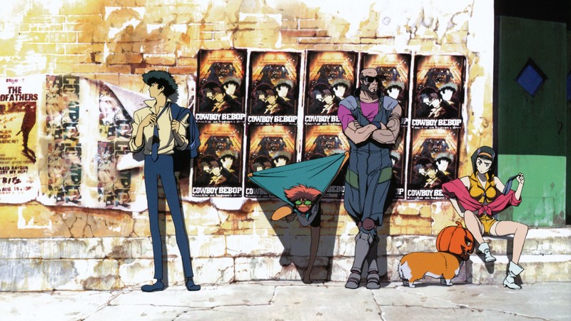 Cowboy Bebop, Spike Spiegel, Faye Valentine, Jet Black, Ein, lineups, bricks, Film posters, alleyway