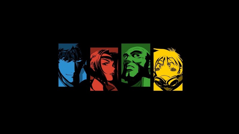 Cowboy Bebop, black background, Spike Spiegel, Jet Black, Faye Valentine, anime girls, collage, minimalism, portrait