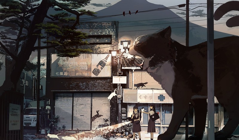 cats, flashlight, night, schoolgirl, street light, anime