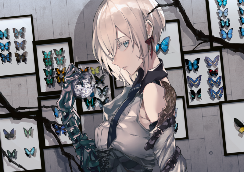 butterflies, white hair, robotic, blue eyes, branch