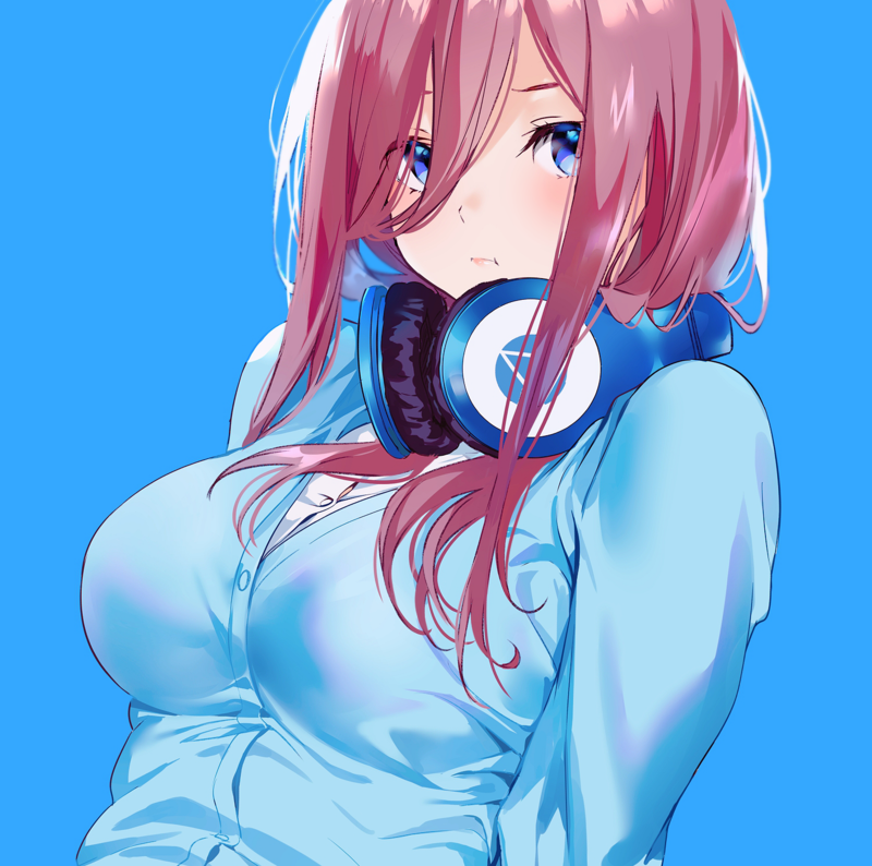 5-toubun no Hanayome, anime girls, long hair, big boobs, redhead, school uniform, Nakano Miku, fantasy girl, headphones, cyan