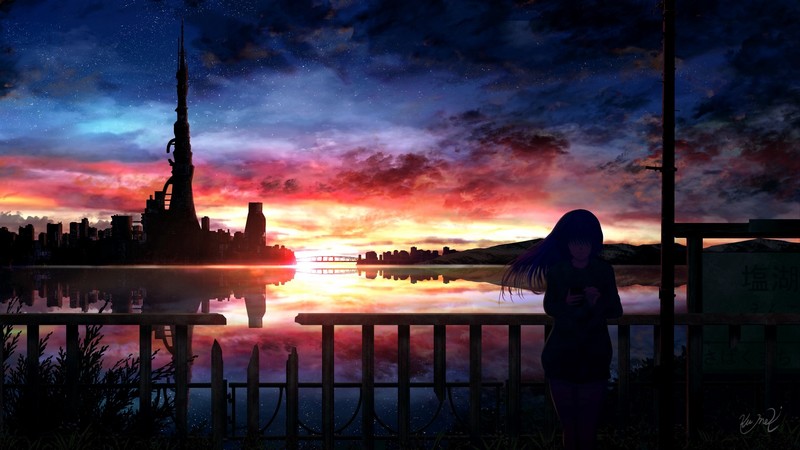 anime, anime girls, women, city, dark, dusk, silhouette, digital, digital art, artwork, landscape, water, sea, night, sky, night sky, starry night, sunlight, building, architecture