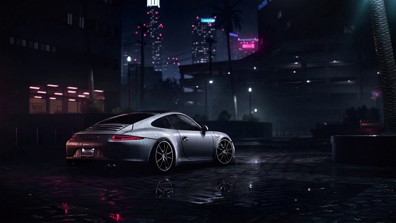 Need for Speed, video games, video game art, game art, Porsche 911 Carrera S, Porsche 911, Porsche, vehicle, car, sports car, wet, night, urban, lights, dark, city lights, city, cityscape, Mikhail Sharov