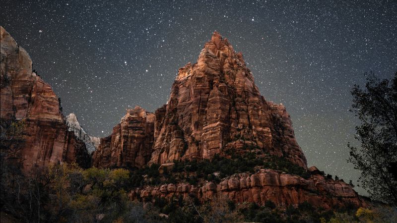mountain, starry sky, night, stars, river, 4k