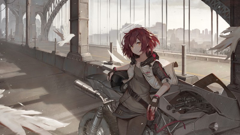 anime, anime girls, redhead, looking at viewer, motorcycle, jacket, miniskirt, cityscape, bridge, birds, artwork, digital art, illustration, drawing, video games, fan art, Chika Toriumi, Arknights, Exusiai (Arknights)
