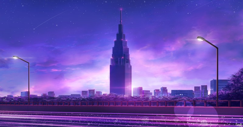 digital, digital art, artwork, purple, city, landscape, urban, cityscape, skyscraper, building, architecture, lights, city lights, stars, comet, street light, tower, Tokyo, Shinjuku, Kimi no Na Wa