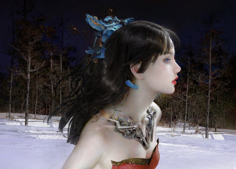 women, artwork, forest, winter, brunette