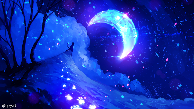 night, Moon, moon rays, cats, landscape, digital, digital art, clouds, sky, night sky, fantasy art, artwork, animals, ryky