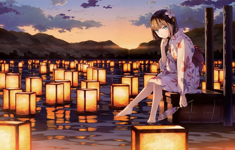lantern, reflection, sunset, kimono, water, sitting