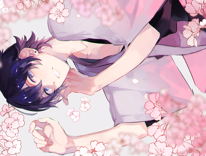cherry blossom, Male, blue hair, smiling, lying down