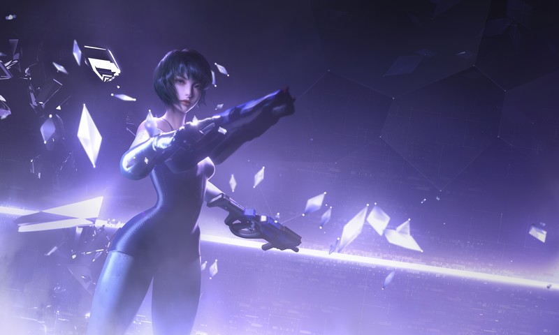 futuristic, Cyber Hunter, women, gun, purple