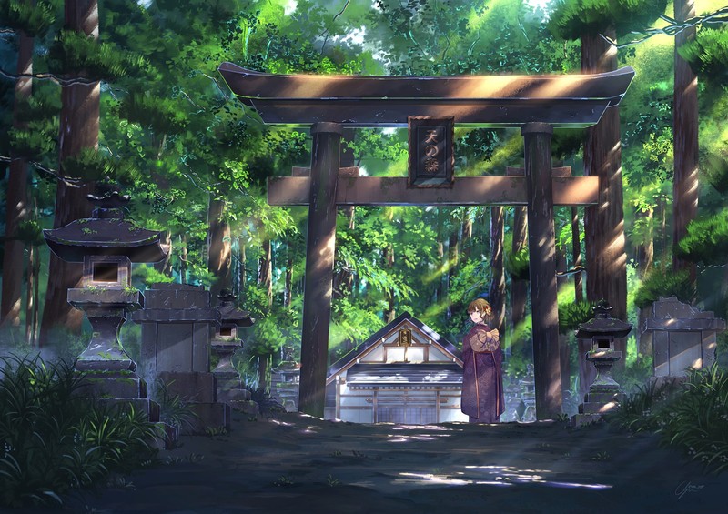 anime, anime girls, original characters, Japan, forest, kimono