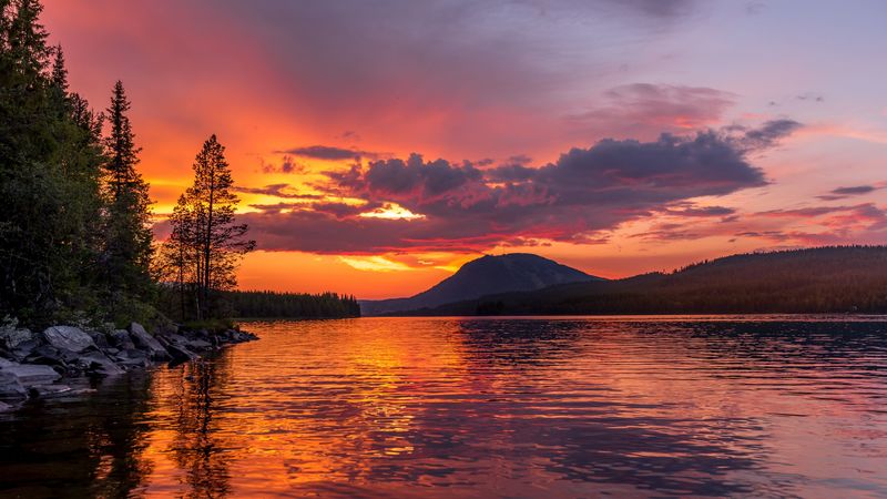lake, coast, sunset, ripples, reflection, landscape, 4k