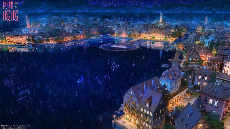 artwork, lake, city, night