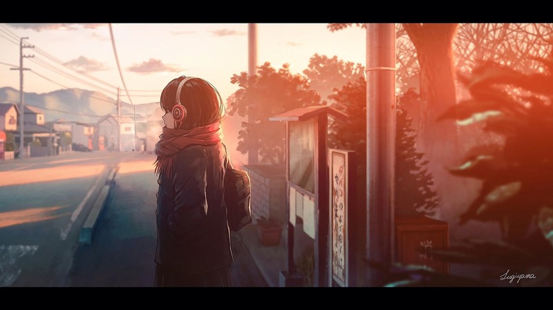 anime, anime girls, headphones, dark hair, original characters, winter, 乐正绫