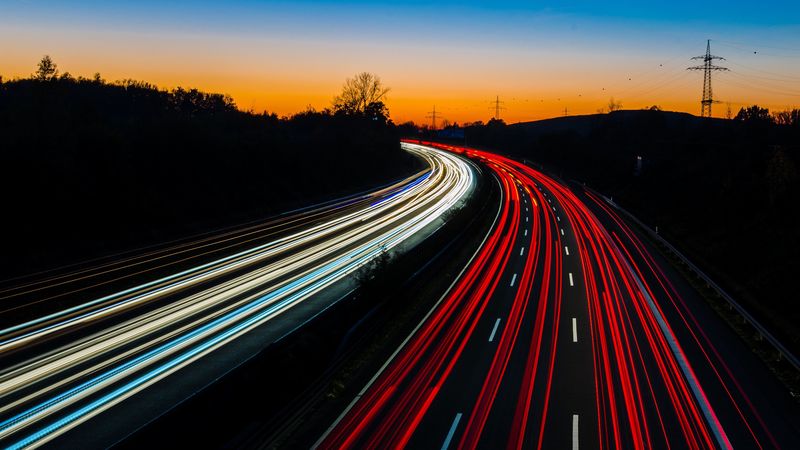 road, turn, backlight, movement, evening, twilight, long exposure, 4k