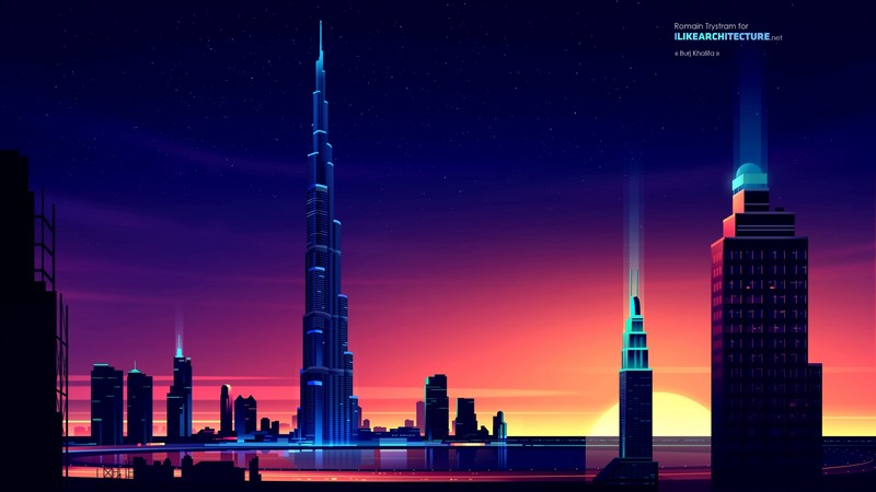digital, digital art, city, dusk, lights, architecture, building, skyscraper, urban, night, landscape, sunlight, artwork, Romain Trystram