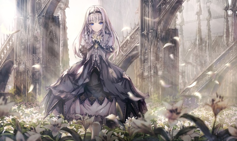 anime, anime girls, white hair, blue eyes, flowers, original characters