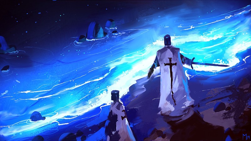 digital art, artwork, fantasy art, knight, night, beach, Templar, cape, sea, sword, cyan