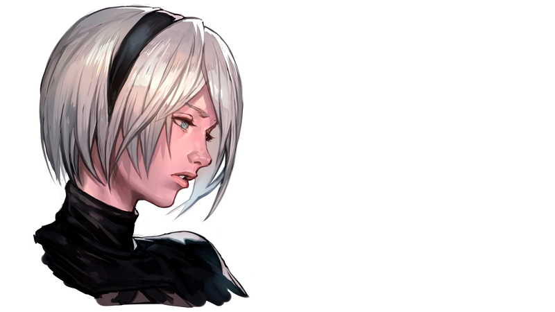 simple background, NieR, Nier: Automata, silver hair, short hair, 2B, white hair