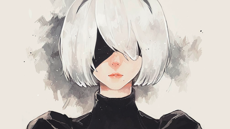 simple background, white hair, NieR, Nier: Automata, silver hair, short hair, 2B