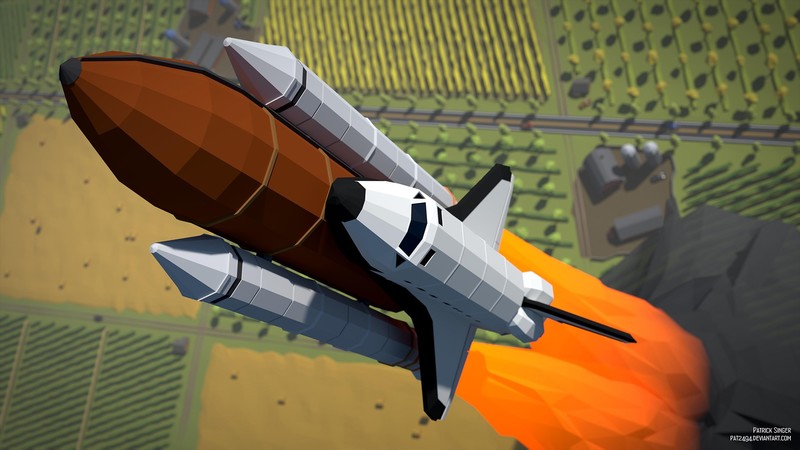 artwork, spaceship, rocket, low poly, digital art, Patrick Singer, space shuttle, farm