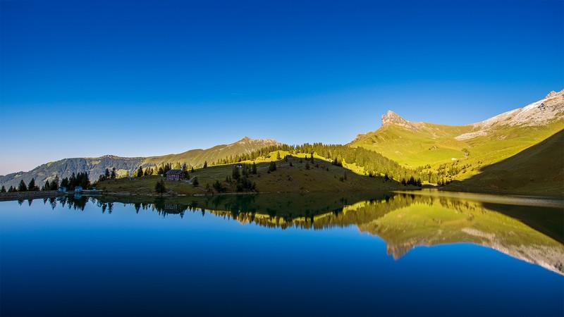 reflection, lake, mountains, trees, clear sky, nature, calm waters, sky blue, blue, sky, sunlight