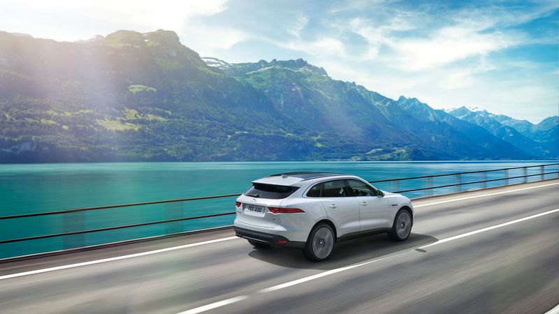 jaguar f-pace, jaguar, suv, movement, mountains, 4k