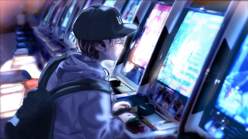 Male, arcade, video games, sweatshirts, brunette, hat, backpacks, bright, short hair, anime, cyan