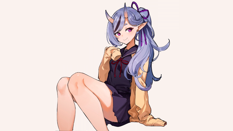 anime, manga, anime girls, simple background, demoness, sailor uniform, purple hair, purple eyes, demon horns, sitting