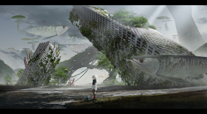 ruins, building, fish, underwater, lily pads, nature, fantasy art, anime girls
