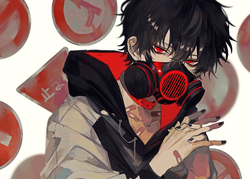 road sign, gas masks, hoods, bandage, red eyes, black hair, black nails, collar, Male, anime