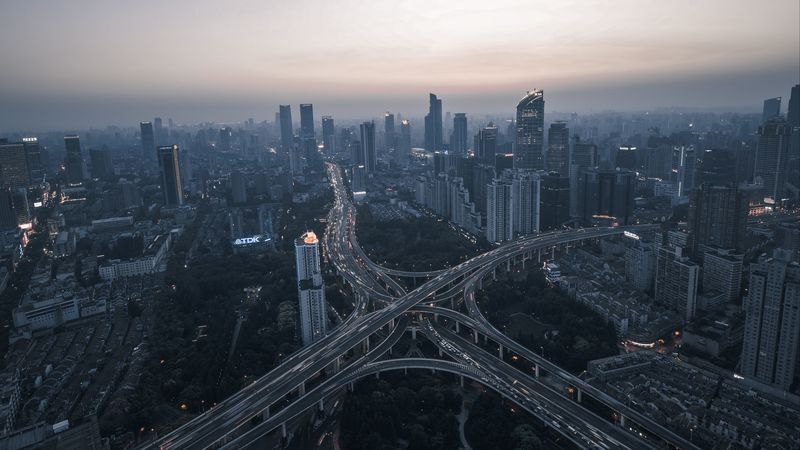 night city, aerial view, road, metropolis, 4k