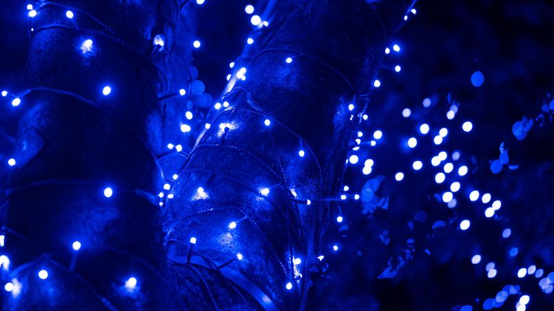 garland, glare, bokeh, blue, shine, 4k