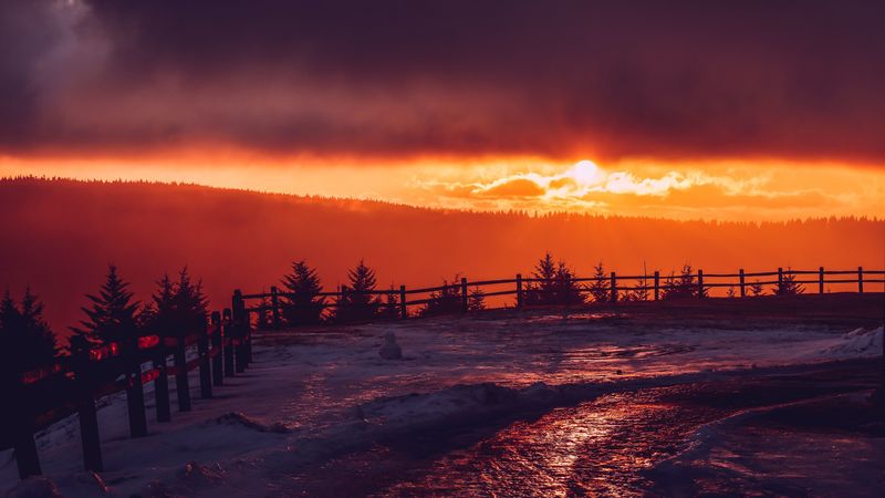 mountains, snow, sunset, fence, winter, 4k