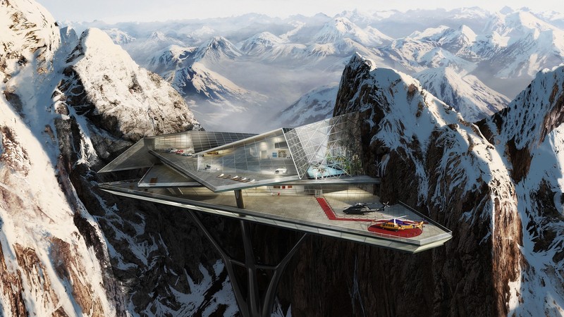 snow, architecture, helicopter, mountains, futuristic, snowy mountain, digital art, Stark Industries
