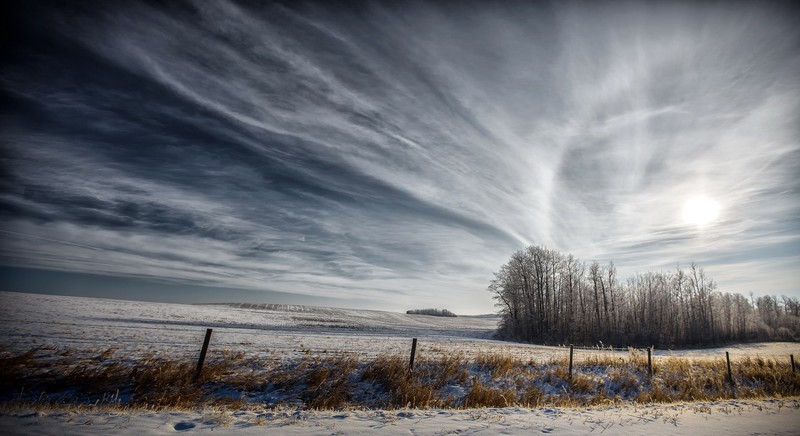 sky, landscape, fence, clouds, outdoors, chemtrails
