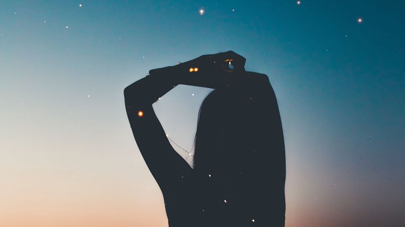 silhouette, starry sky, stars, moon, night, 4k