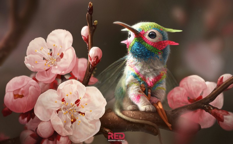 George Redreev, colibri (bird), flowers, Fantasia, fantasy art, digital art