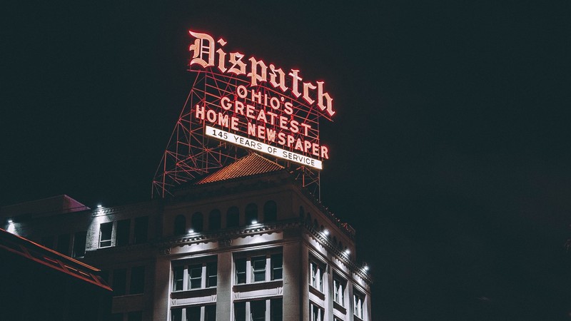 city, cityscape, sign, Ohio, night, building