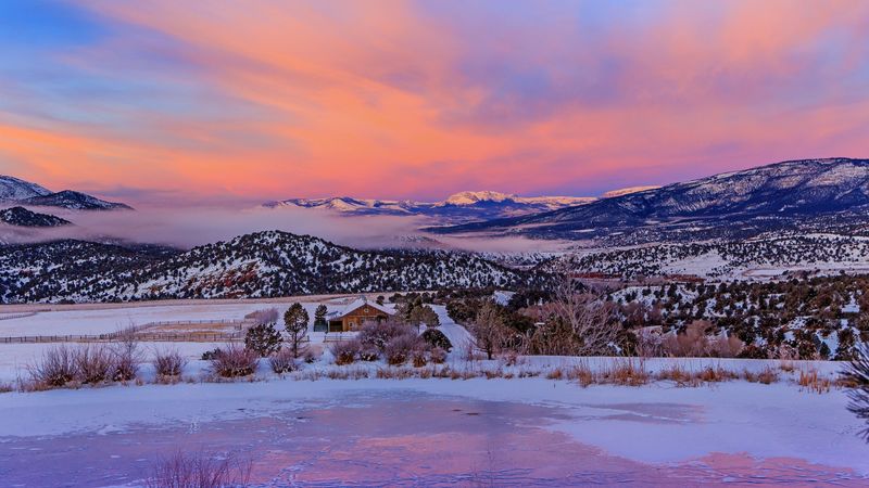 mountains, snow, dawn, house, horizon, colorado, usa, 4k