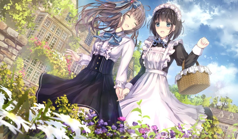 anime, anime girls, dark hair, maid, garden, blue eyes, original characters, flowers
