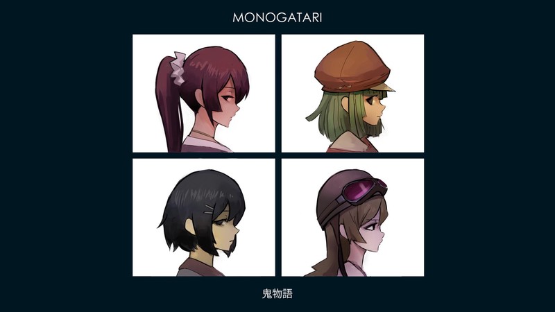Gorillaz, Monogatari Series, Senjougahara Hitagi, Oshino Shinobu, Sengoku Nadeko, Hanekawa Tsubasa, anime girls, parody