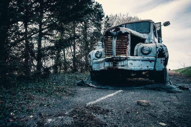 vehicle, truck, wreck, rust, asphalt