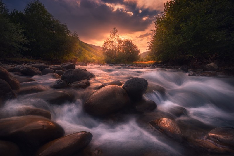 sunlight, water, river, stones, nature