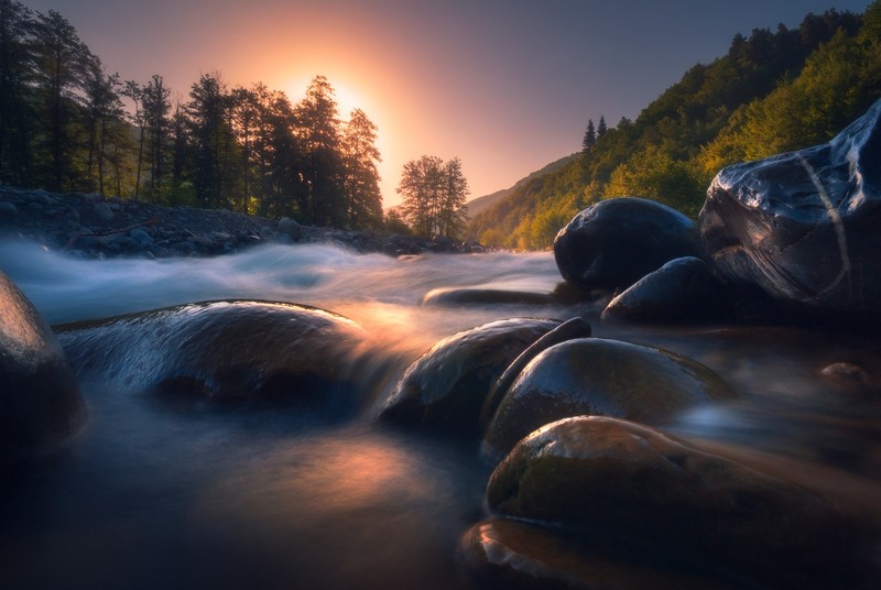 stones, water, river, sunlight, nature