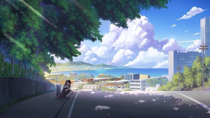 Girls Frontline, trees, fence, road, squatting, clouds, sky, dappled sunlight, suitcase, WA2000 (Girls Frontline)