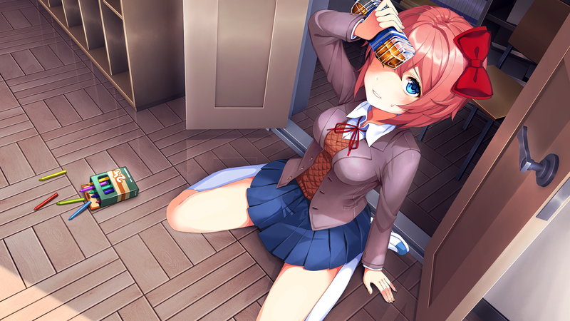 Sayori (Doki Doki Literature Club), Doki Doki Literature Club, anime girls, anime, miniskirt, kneeling, pink hair, blue eyes